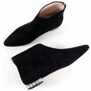 Miu Miu Black Suede Flat Ankle Boots Rhinestone Heel in 39.5 (size 9)